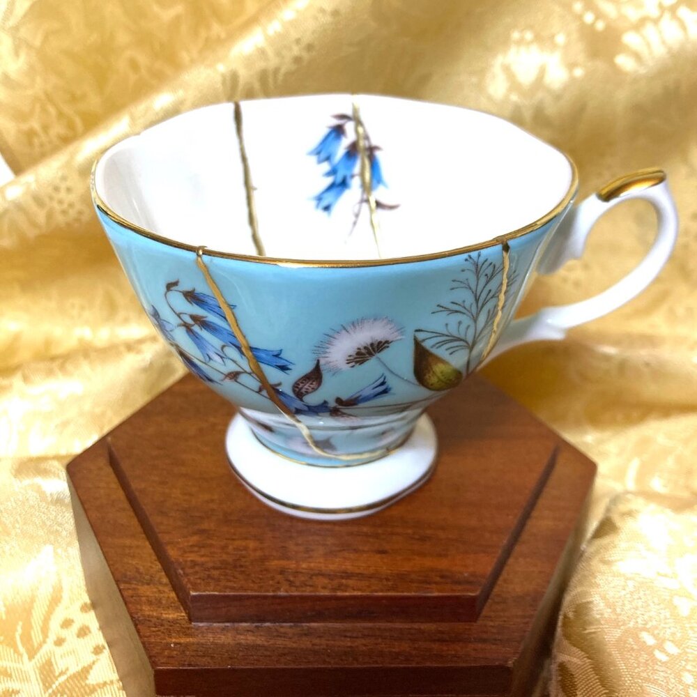 KINTSUGI WABI SABI ROYAL ALBERT 100 YEARS 1950 FESTIVAL BLUE TEACUP HAND MADE